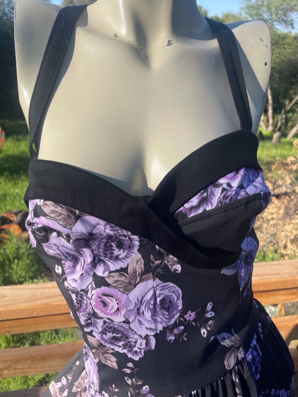 Pinup Couture Black Midi Swing Dress with Purple Rose Print - Picture 6 of 12